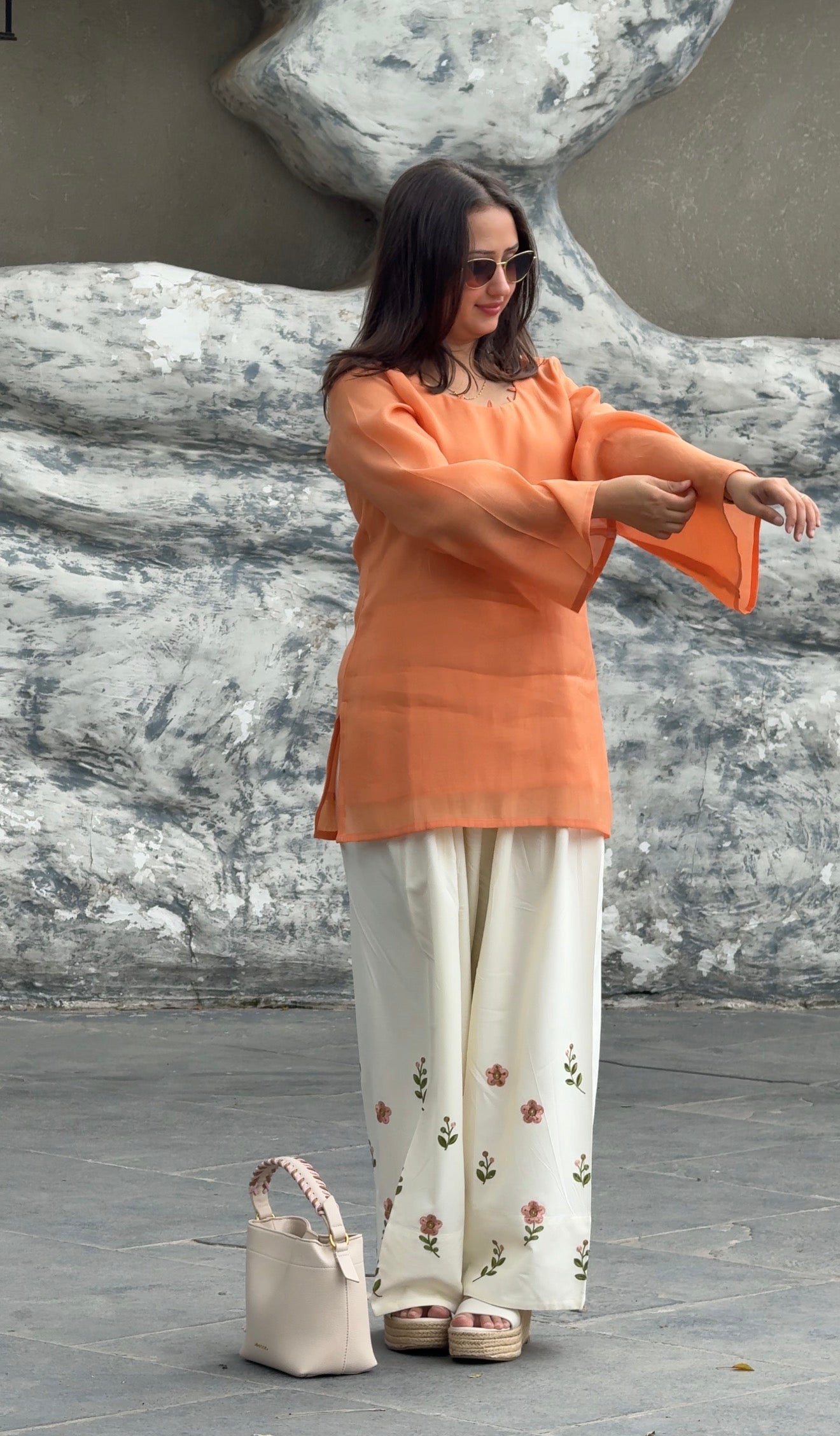 Orange Flower Floral Farsi Salwar Set