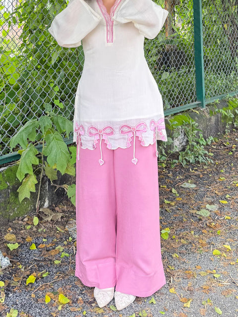 Ivory & Pink Bow Kurta Co-ord Set