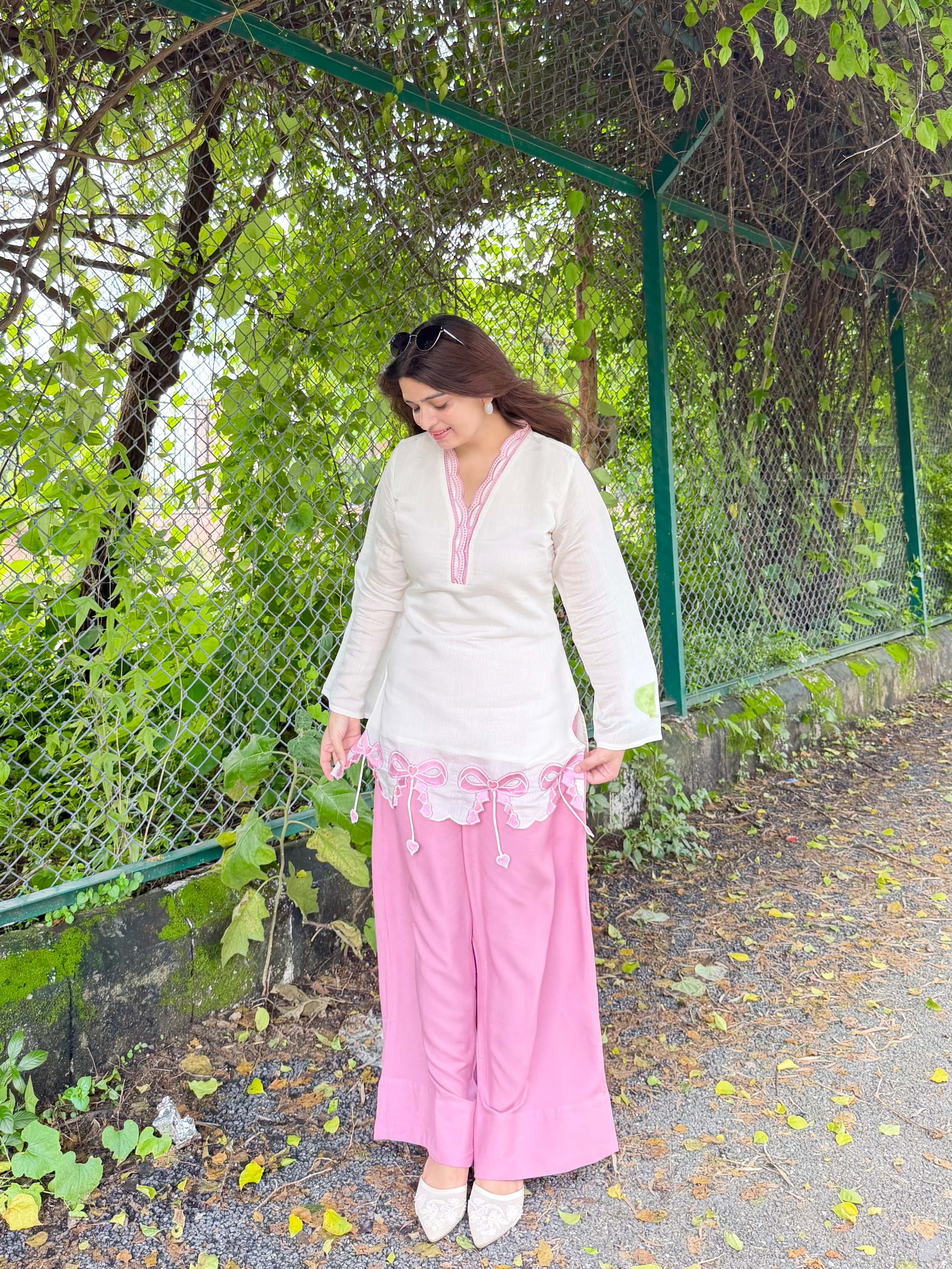 Ivory & Pink Bow Kurta Co-ord Set
