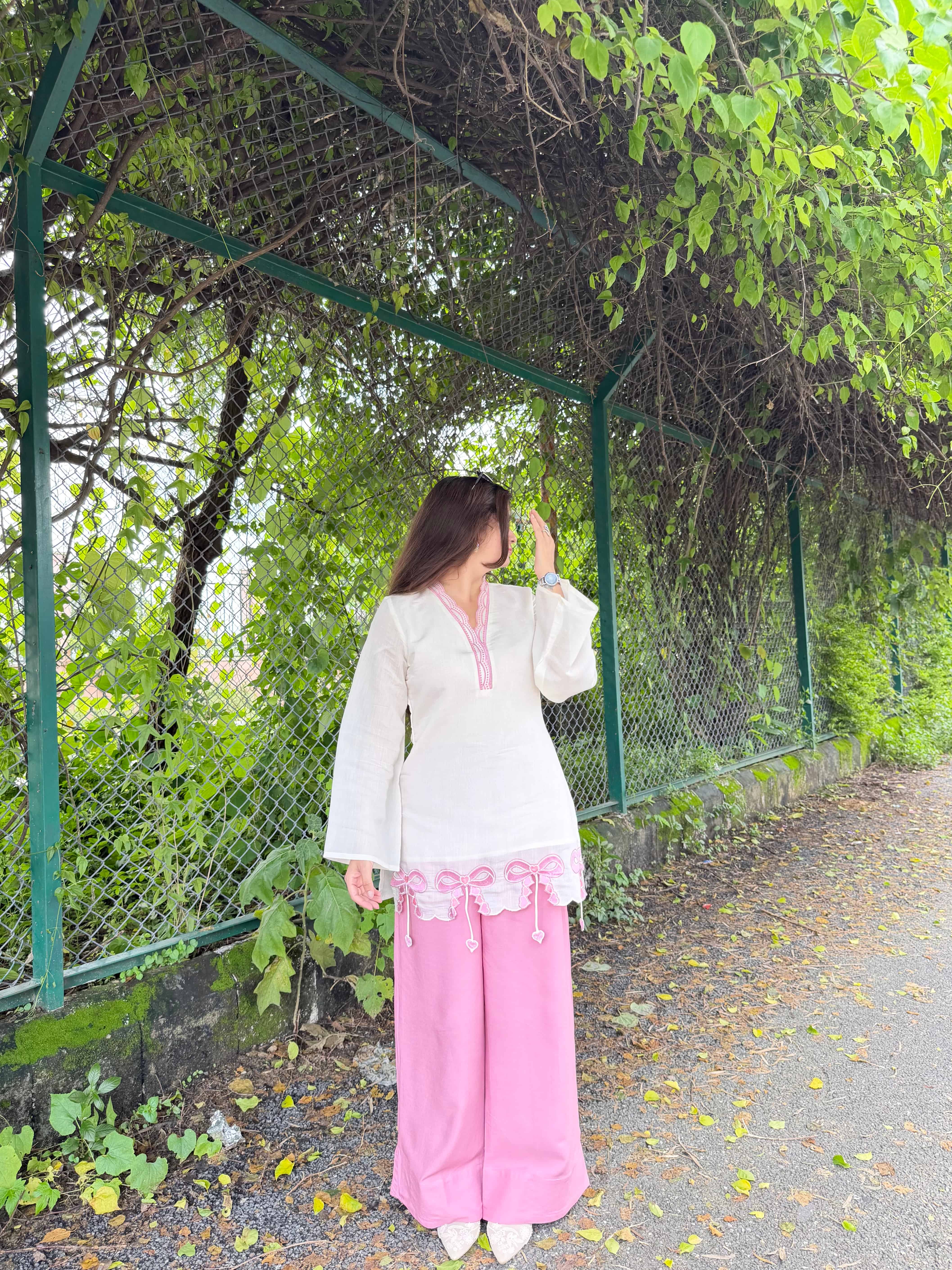 Ivory & Pink Bow Kurta Co-ord Set