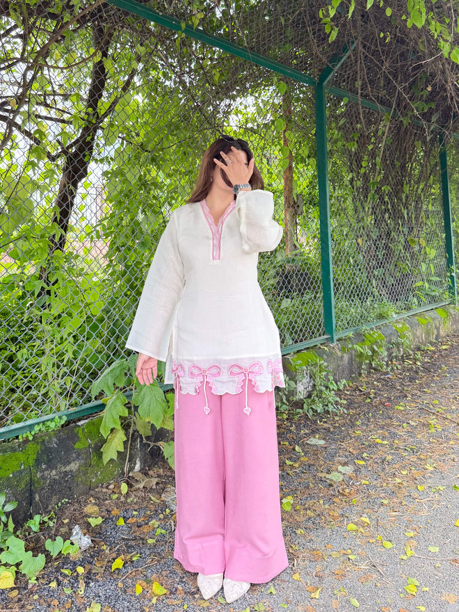 Ivory & Pink Bow Kurta Co-ord Set