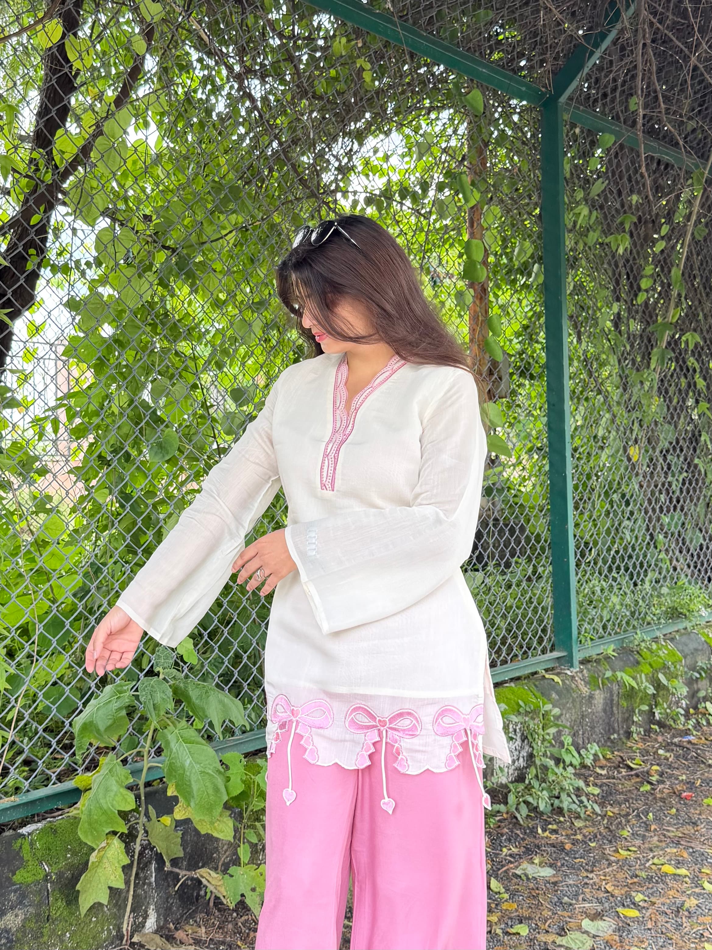 Ivory & Pink Bow Kurta Co-ord Set