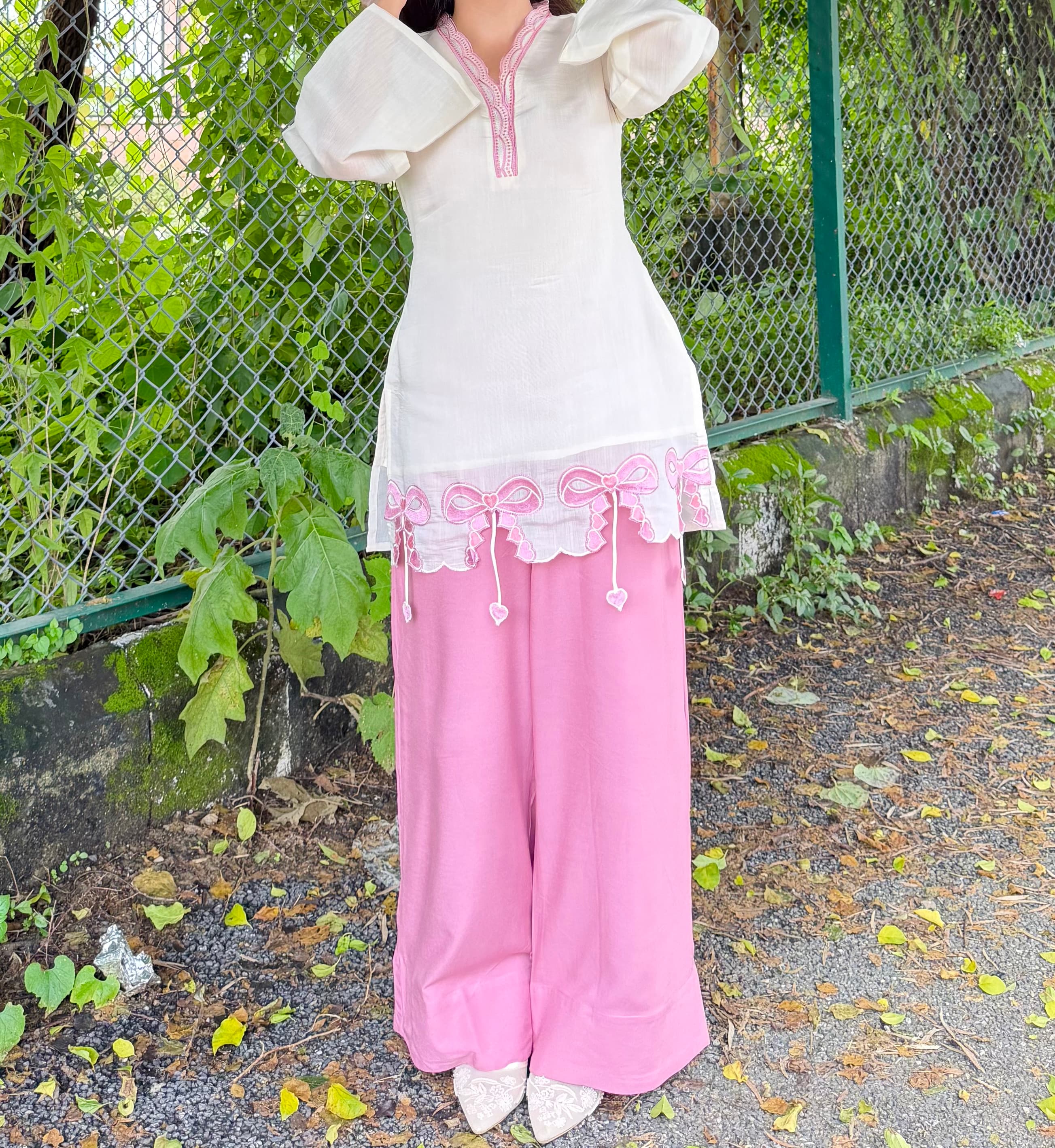 Ivory & Pink Bow Kurta Co-ord Set