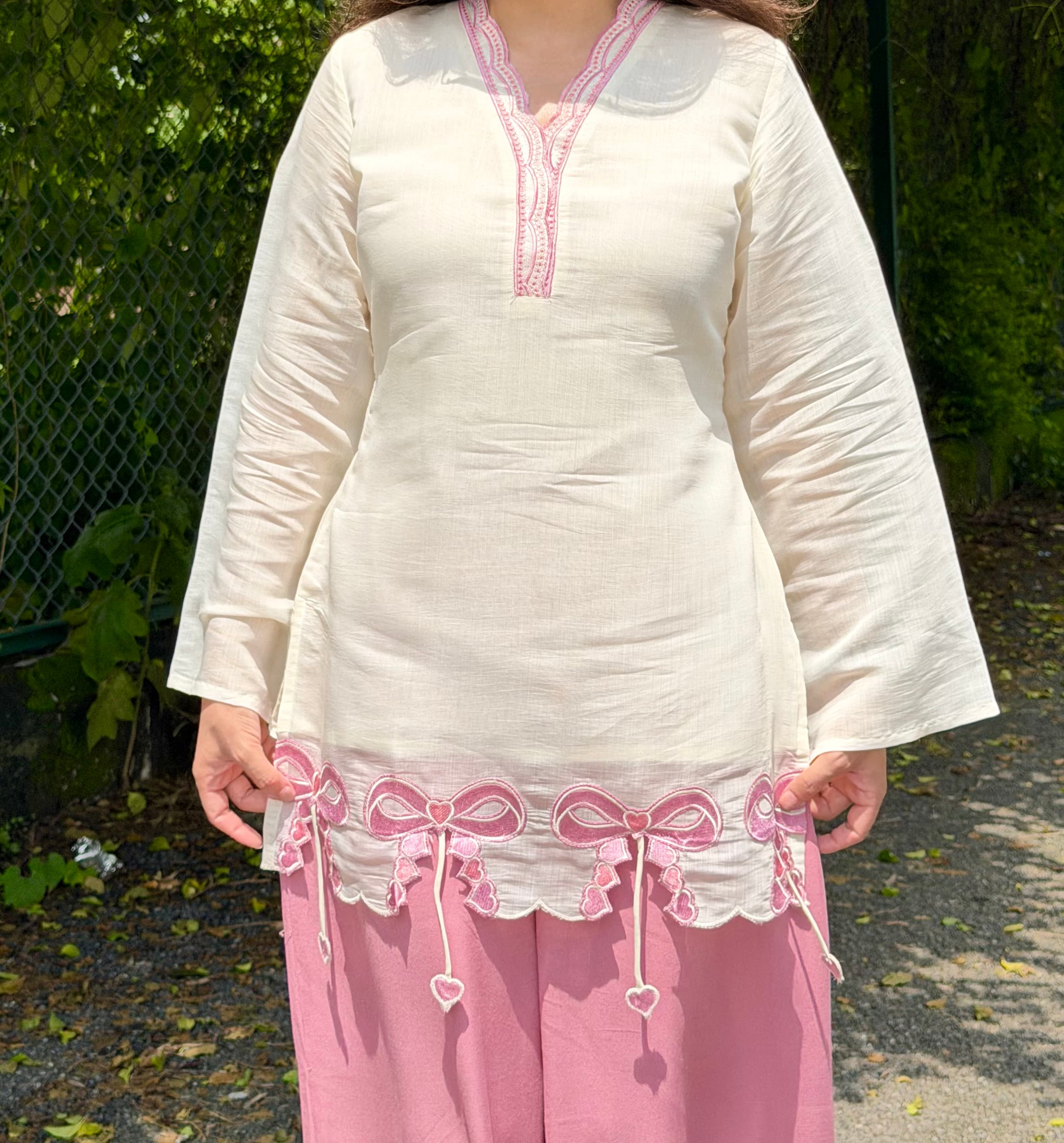 Ivory & Pink Bow Kurta Co-ord Set