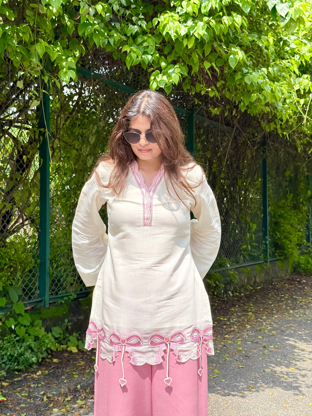 Ivory & Pink Bow Kurta Co-ord Set
