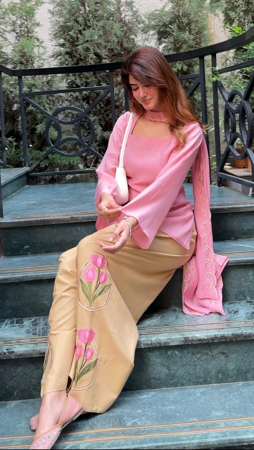 Peach Lotus Embroidered Farsi Salwar Set With Dupatta