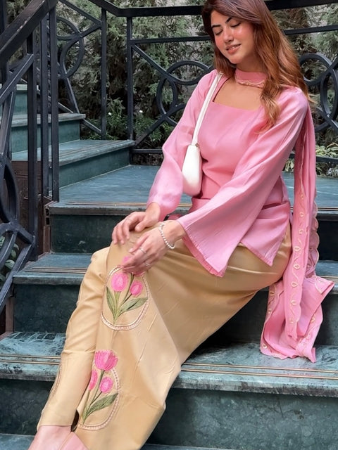 Peach Lotus Embroidered Farsi Salwar Set With Dupatta