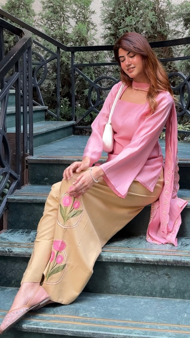 Peach Lotus Embroidered Farsi Salwar Set With Dupatta