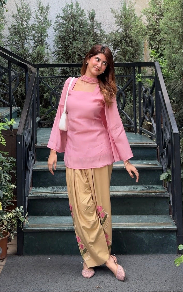 Peach Lotus Embroidered Farsi Salwar Set With Dupatta