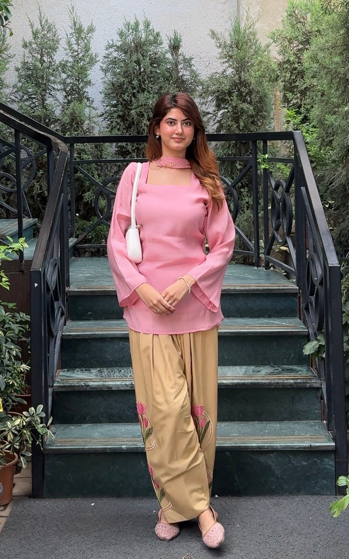 Peach Lotus Embroidered Farsi Salwar Set With Dupatta