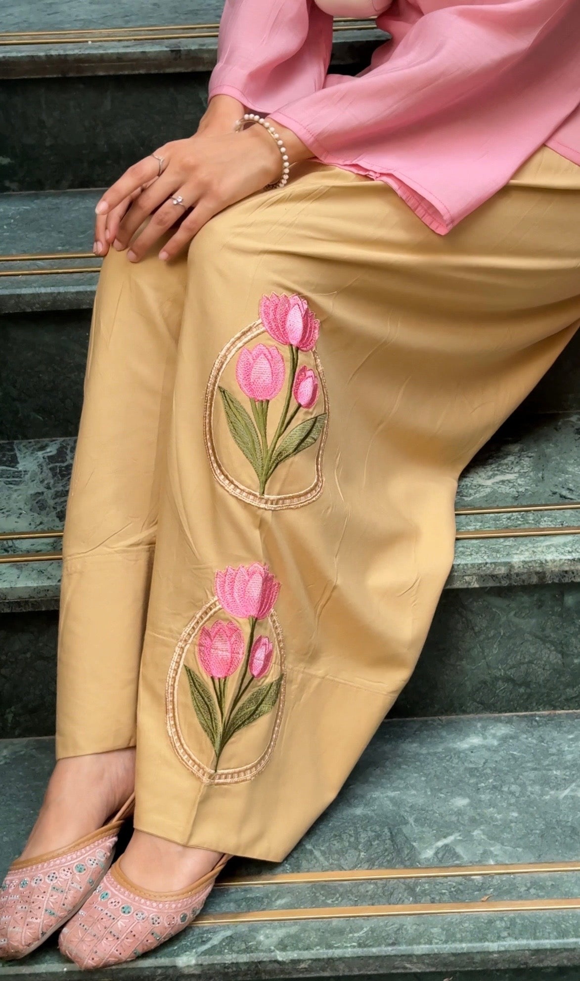 Peach Lotus Embroidered Farsi Salwar Set With Dupatta