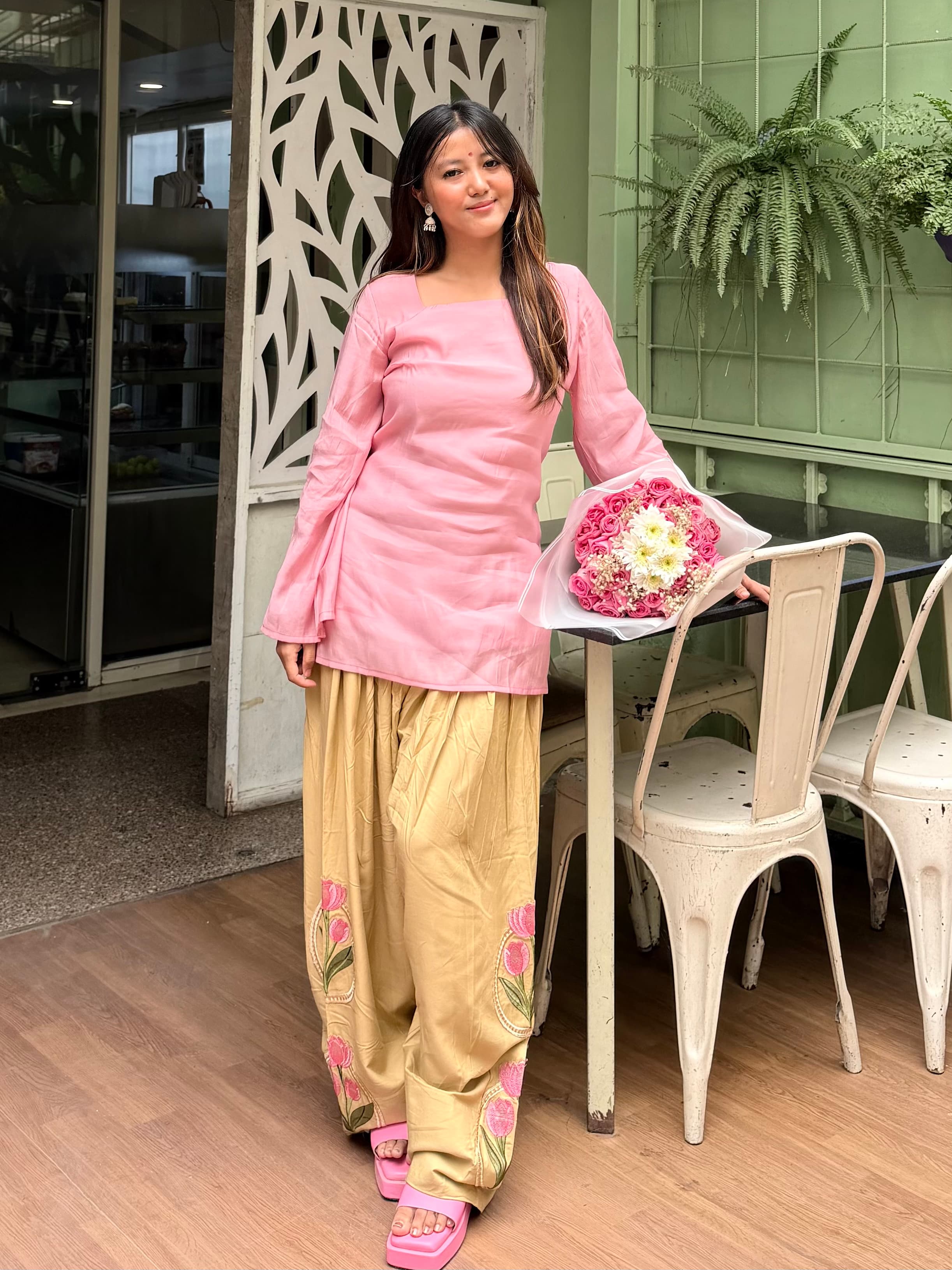 Peach Lotus Embroidered Farsi Salwar Set With Dupatta
