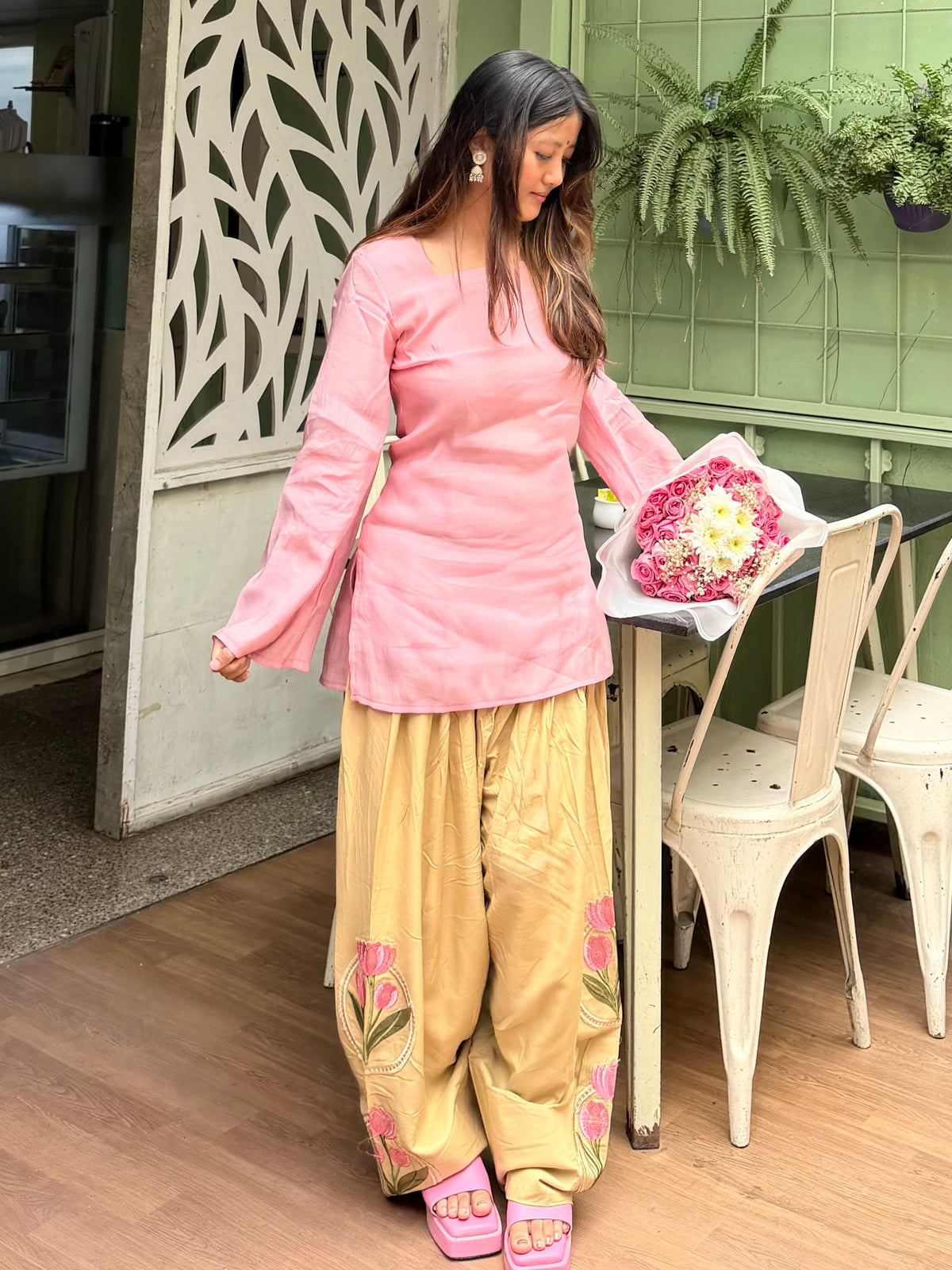 Peach Lotus Embroidered Farsi Salwar Set With Dupatta