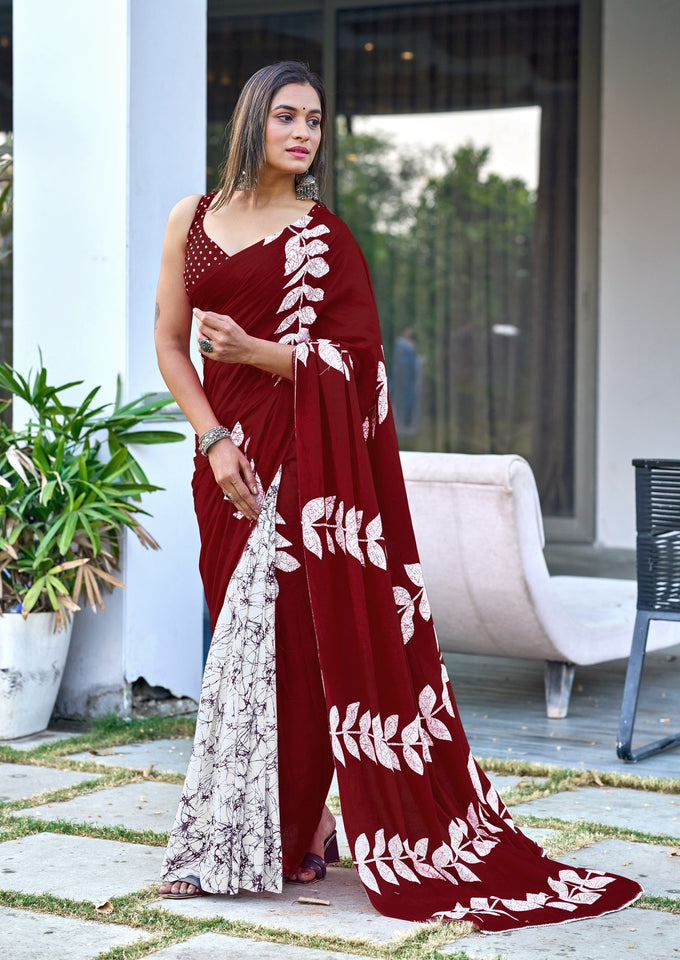 Pure Cotton Mal Maroon Hand Block Printed Saree