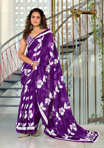 Mal Cotton Hand Block floral Print Purple Saree