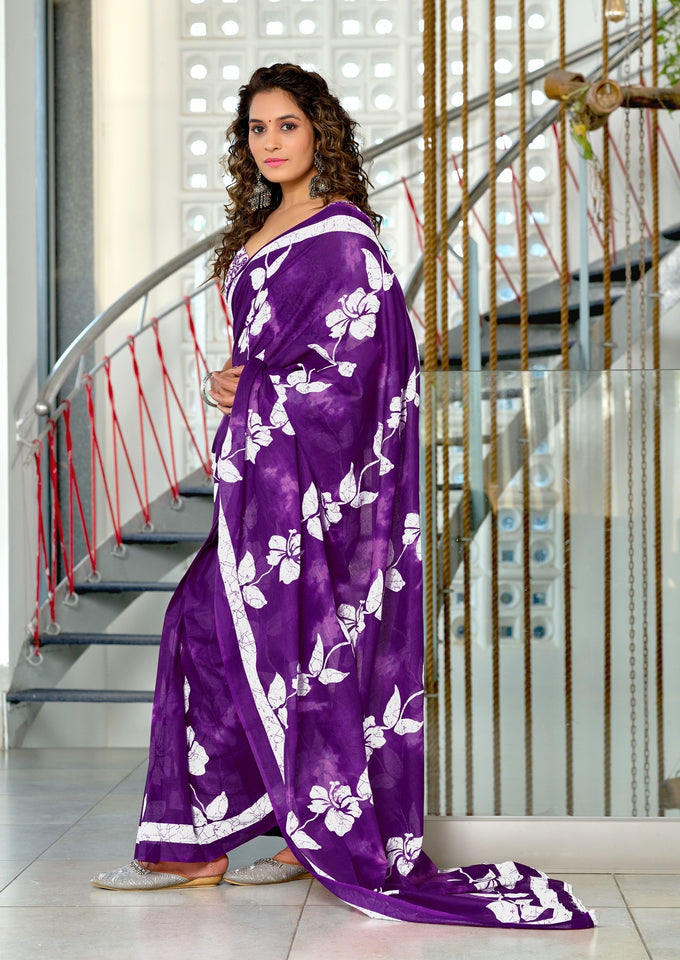 Mal Cotton Hand Block floral Print Purple Saree