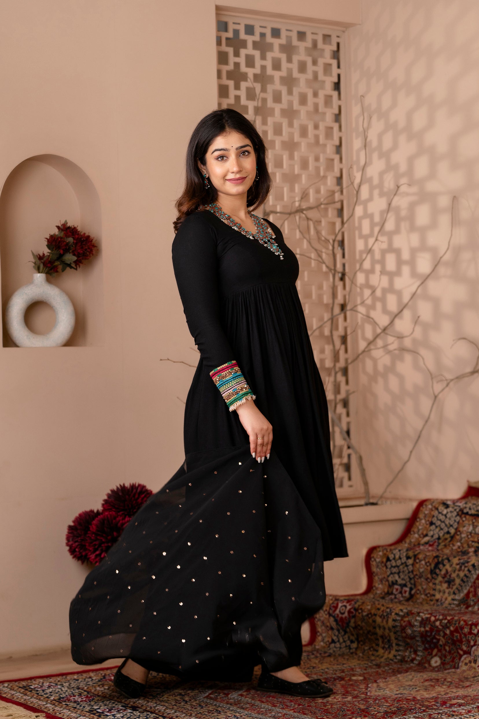 Black Backless Kurta Set With Handwork on sleeve