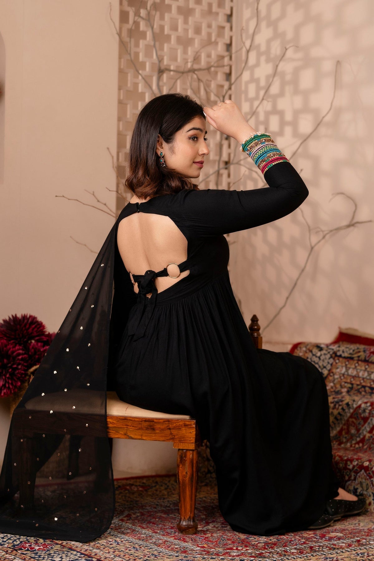 Black Backless Kurta Set With Handwork on sleeve