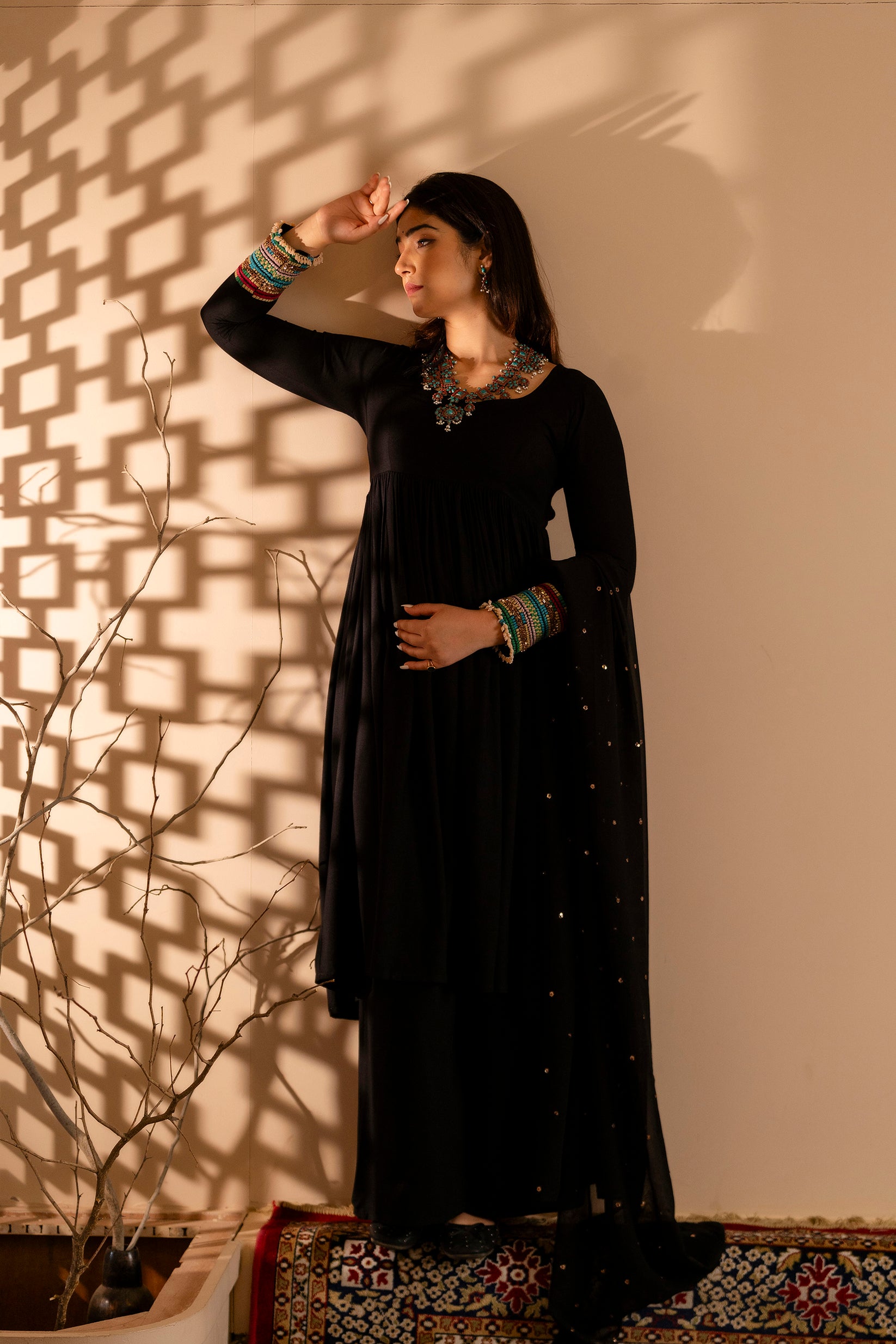 Black Backless Kurta Set With Handwork on sleeve