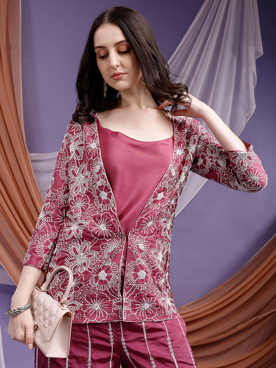 Designer Embroidered Wine Palazzos Set with Jacket