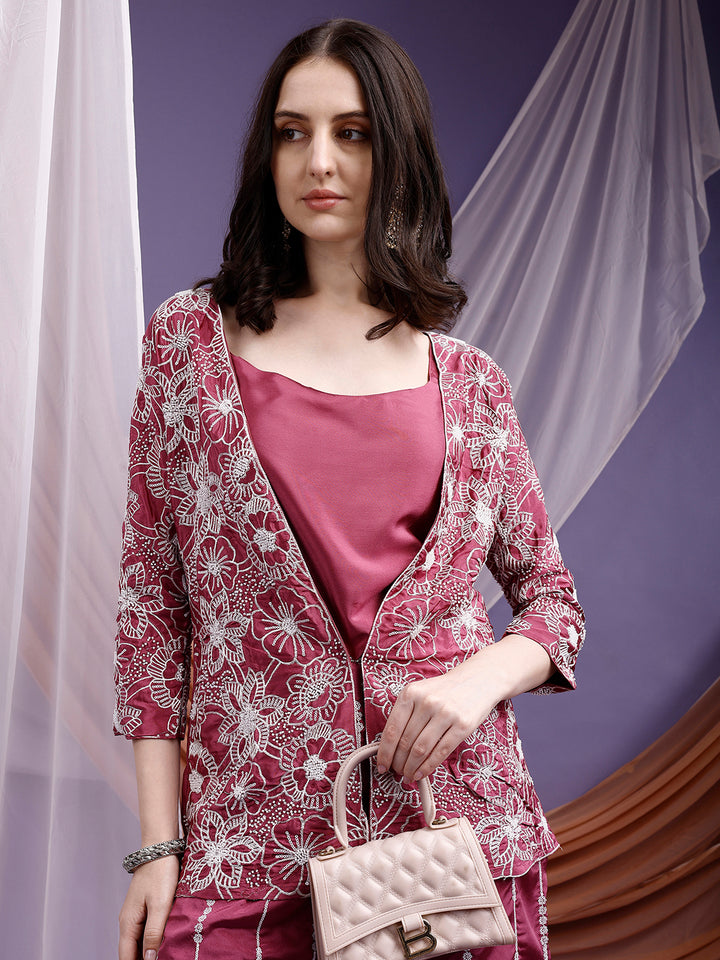 Designer Embroidered Wine Palazzos Set with Jacket