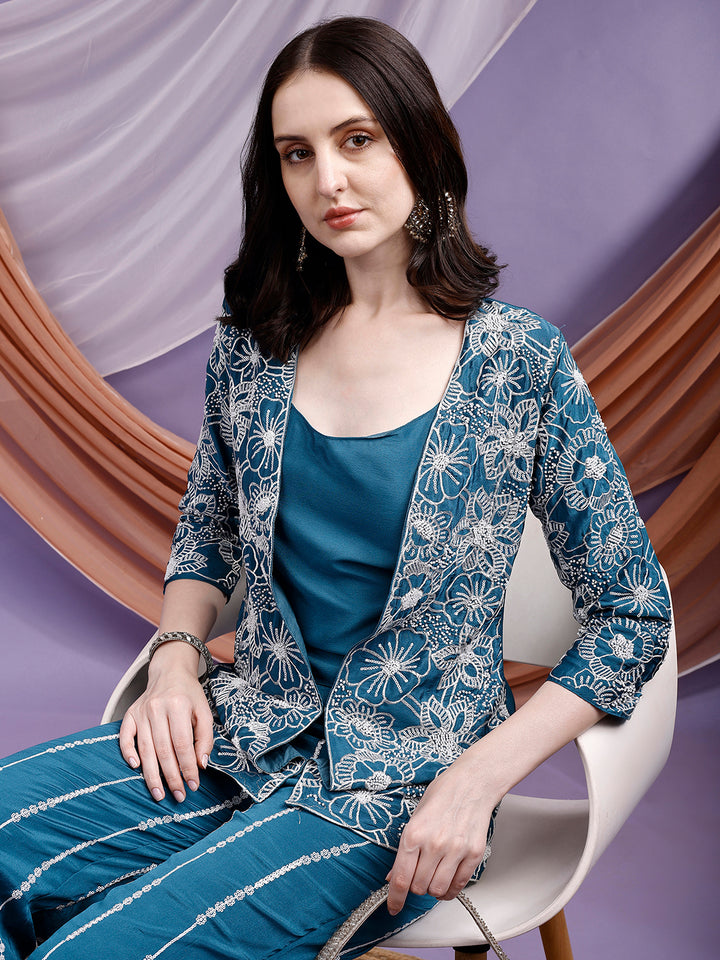 Emerald Teal Embroidered Jacket and Palazzo Set