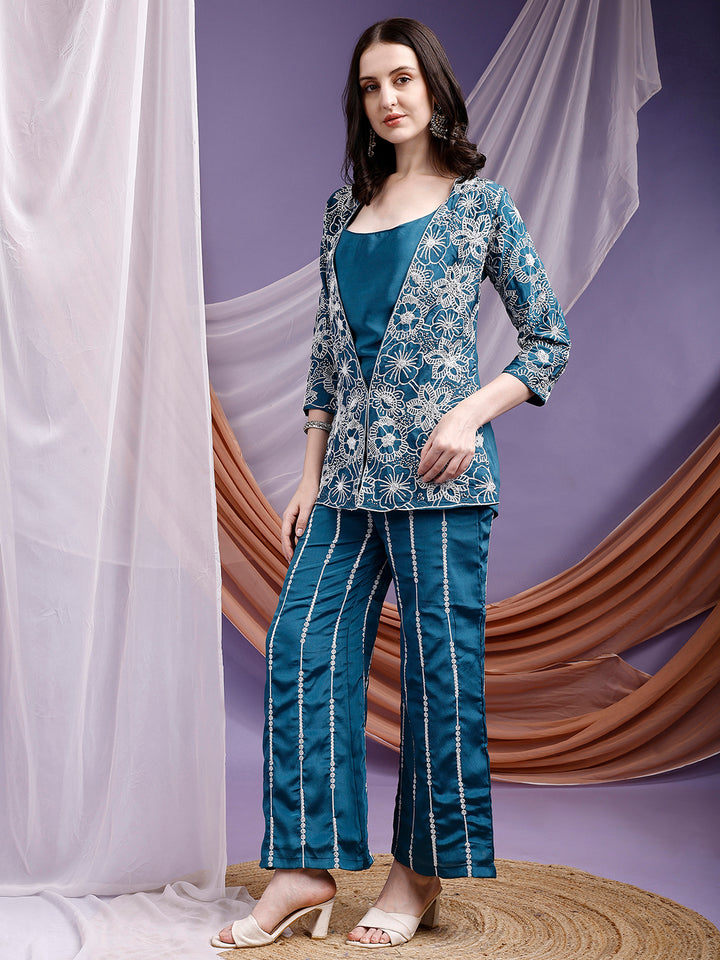 Emerald Teal Embroidered Jacket and Palazzo Set
