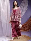 Designer Embroidered Wine Palazzos Set with Jacket
