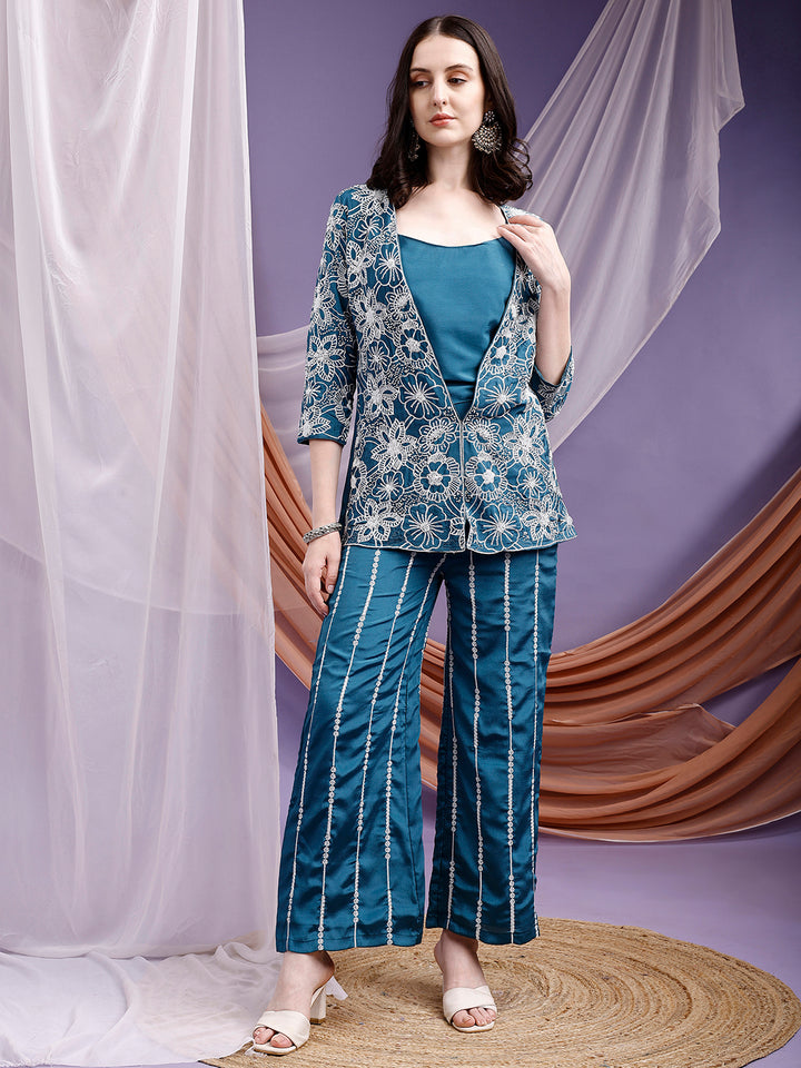Emerald Teal Embroidered Jacket and Palazzo Set