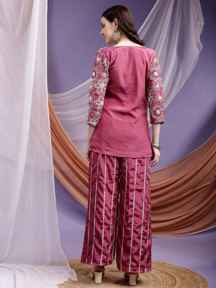 Designer Embroidered Wine Palazzos Set with Jacket