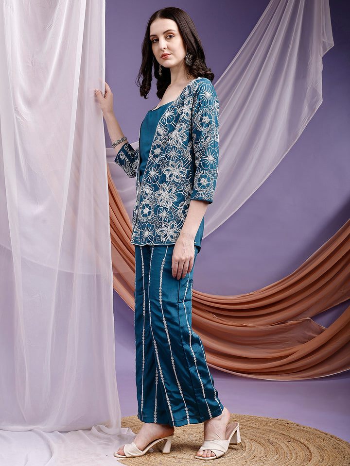 Emerald Teal Embroidered Jacket and Palazzo Set