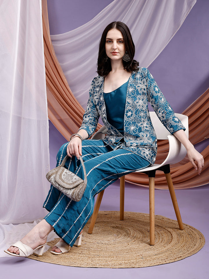 Emerald Teal Embroidered Jacket and Palazzo Set
