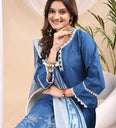 Ocean Blue Cotton Silk Straight Kurta with White Floral Embroidery and Scalloped Hemline