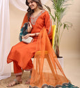 Rust Orange Embroidered Silk Kurta Set with Teal Border Organza Dupatta 3 Piece Festive Suit