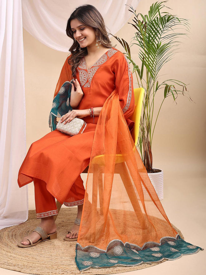 Rust Orange Embroidered Silk Kurta Set with Teal Border Organza Dupatta 3 Piece Festive Suit