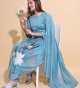Blue Handcrafted Applique Floral Suit Set with Pintuck Detailing