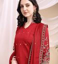 Ethnic Motifs Embroidered V-Neck Pure Cotton Kurta With Trousers & Dupatta