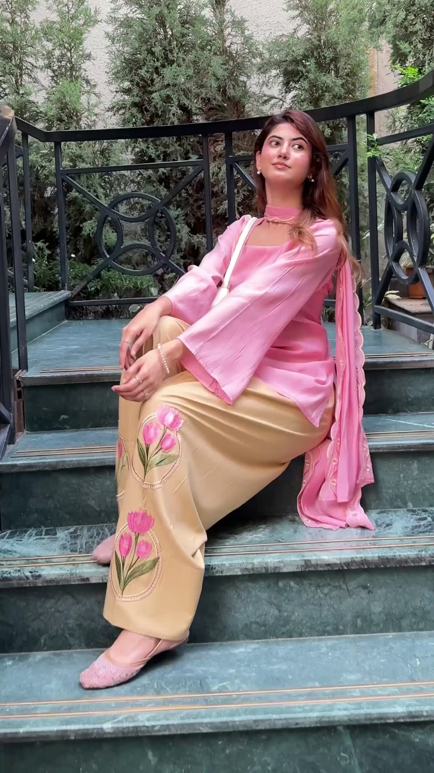 Peach Lotus Embroidered Farsi Salwar Set With Dupatta