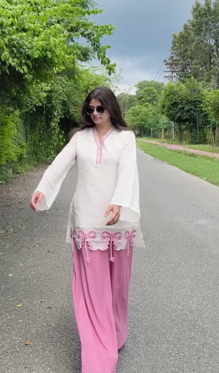 Ivory & Pink Bow Kurta Co-ord Set