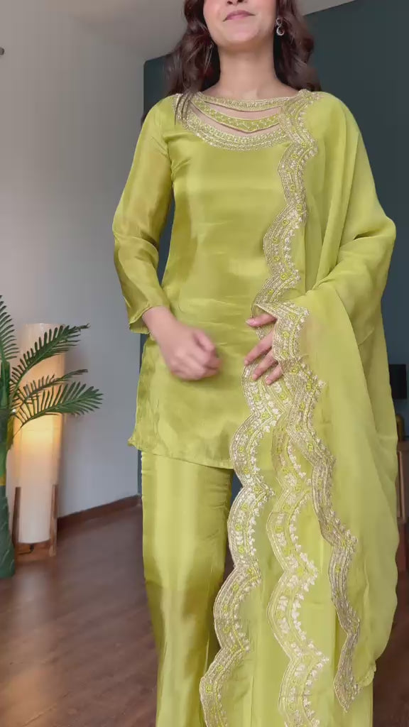 Mehendi Green Neckline Work