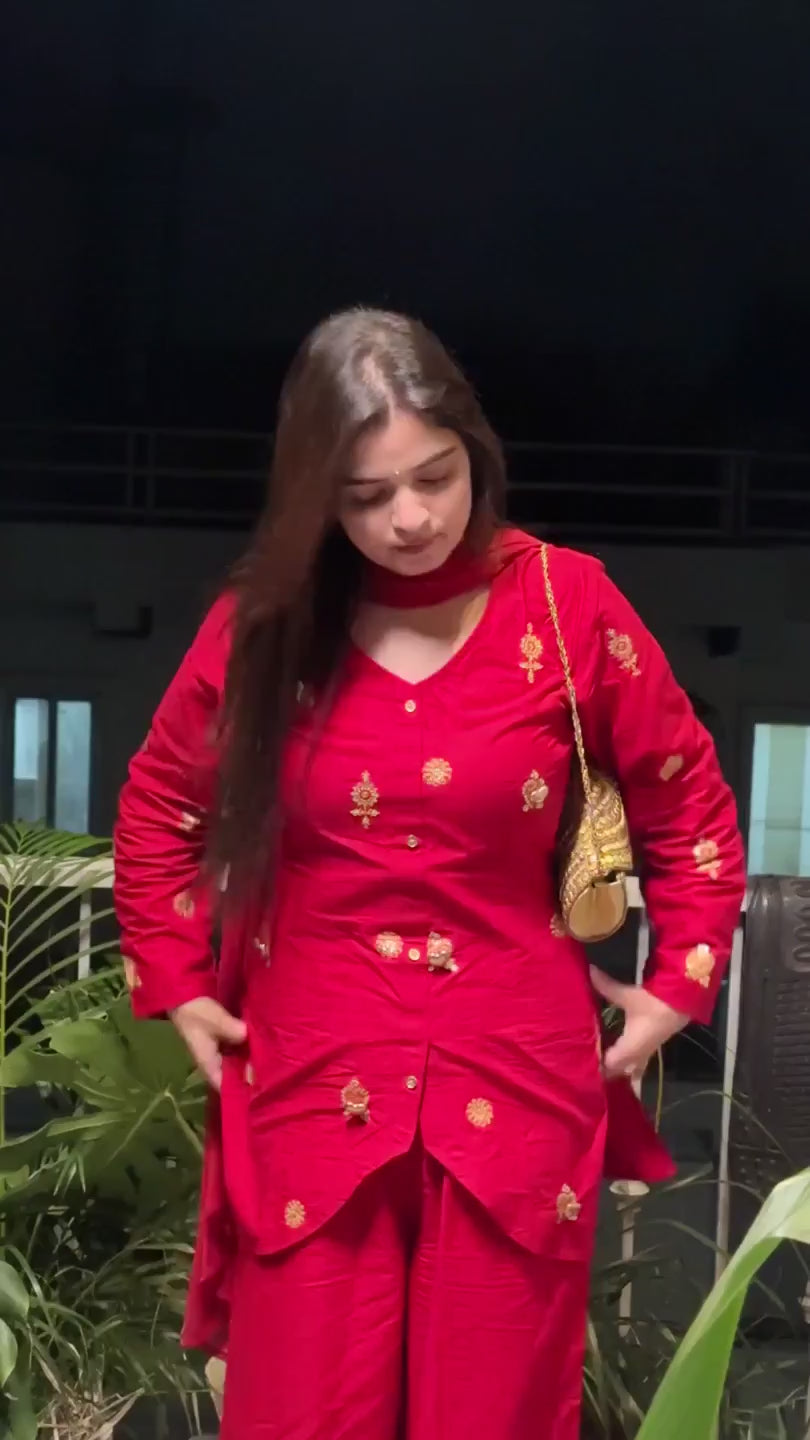 Festive Red 3D Metallic Heart Embroidery Kurta Set With Dupatta