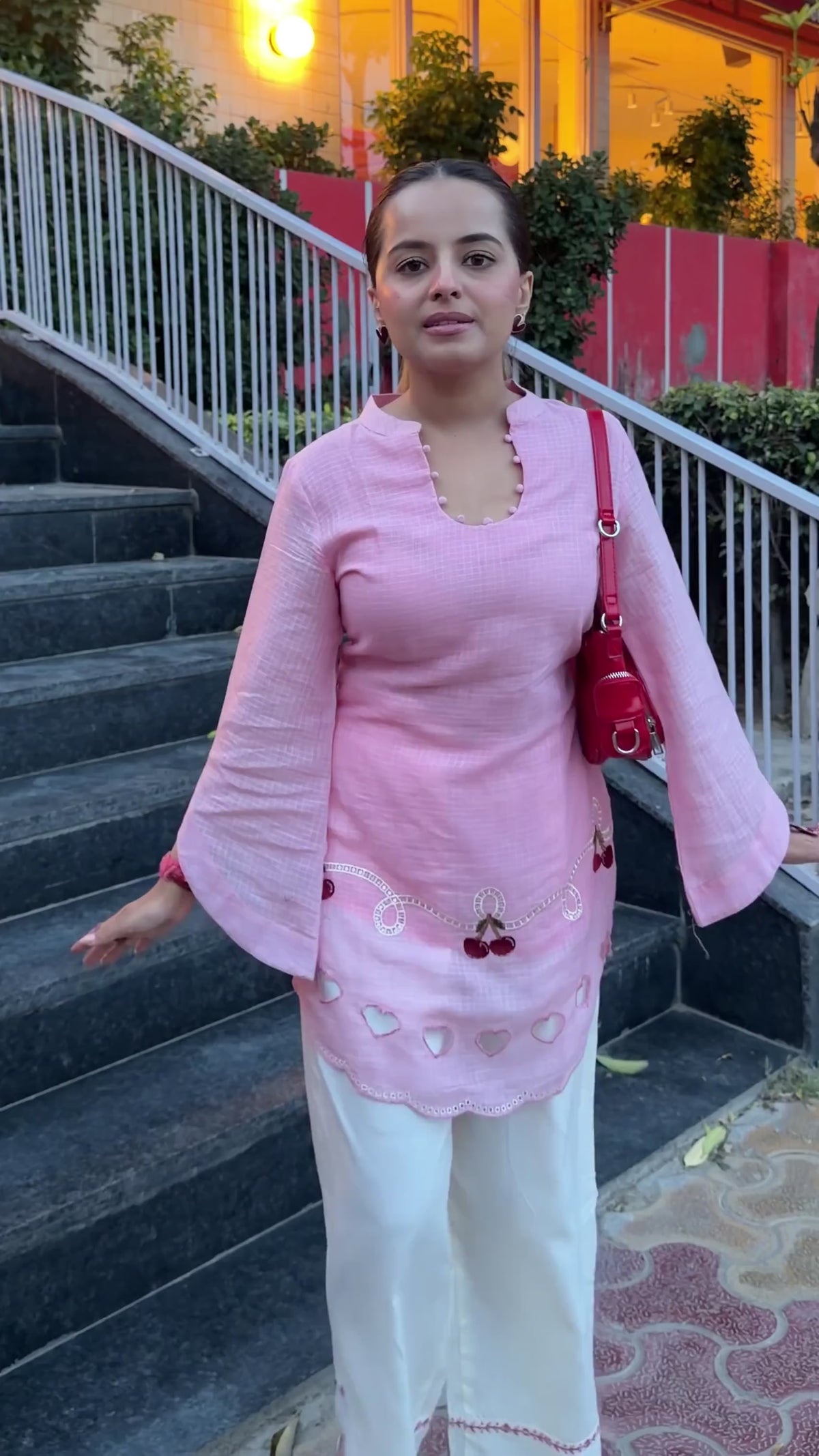 Pink Cherry & Heart Farsi Salwar Set With Pockets